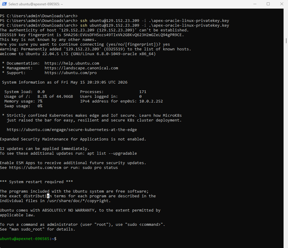 Terminal showing successful SSH login to BATCAVE Ubuntu machine using the Oracle private key